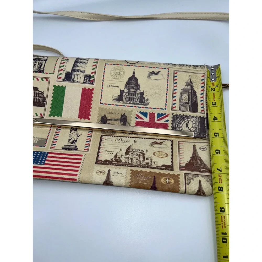 Travel Postage Stamp Print Crossbody Bag Global Landmark Clutch Cream‎ Gold Bar
